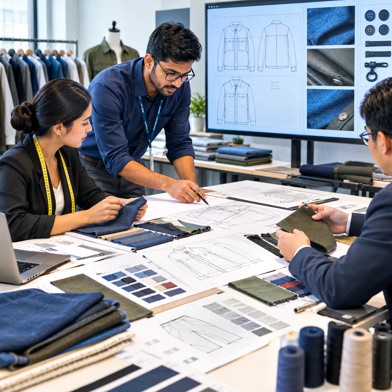 D Solutions design and technical apparel development team reviewing garment specifications