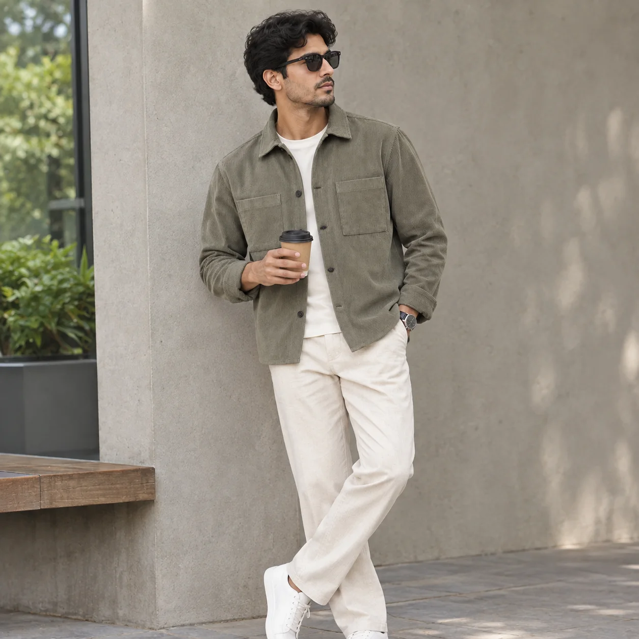 Knit apparel direction represented by a contemporary overshirt and relaxed trousers