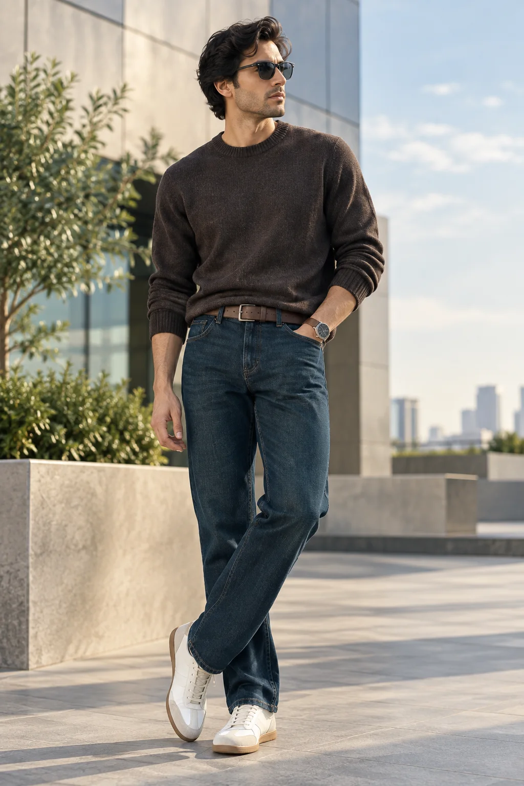 Woven apparel direction represented by a tailored knit-look garment in an urban setting