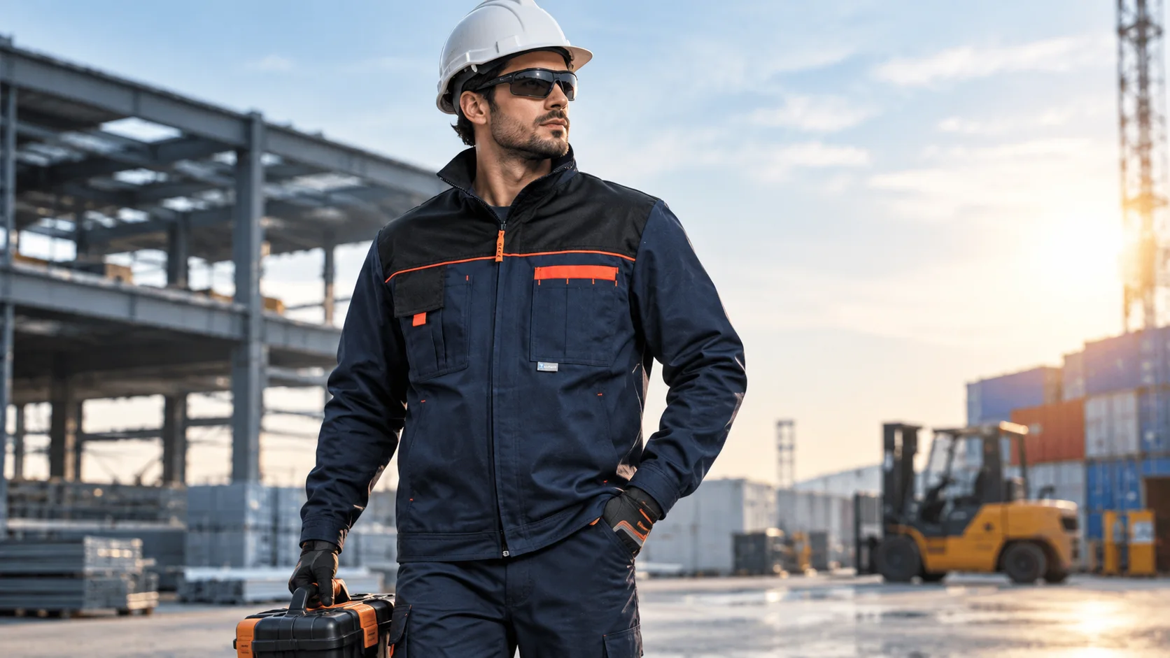 Technical workwear jacket displayed in a modern garment studio